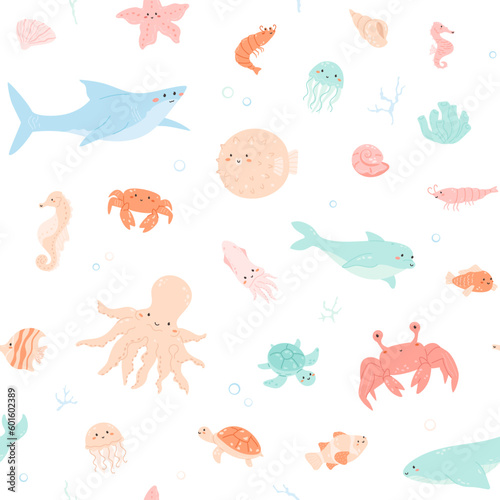 Sea animals seamless pattern. Cute aquatic creatures with bubbles. Minimal childish vector background. Crab, squid, baby dolphin, puffer with pretty face, kawaii shark, jellyfish. Undersea life.