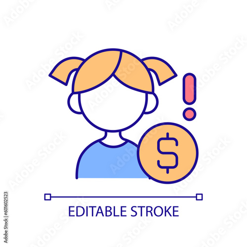 Child raising RGB color icon. Financial literacy. Teaching kids about money. No money. Child labour. Poverty family. Isolated vector illustration. Simple filled line drawing. Editable stroke