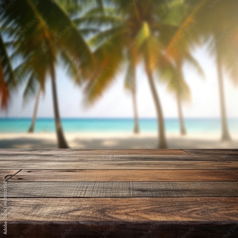 A product display with an empty wooden table on a blurred tropical beach background for summer holiday. (Generative AI)