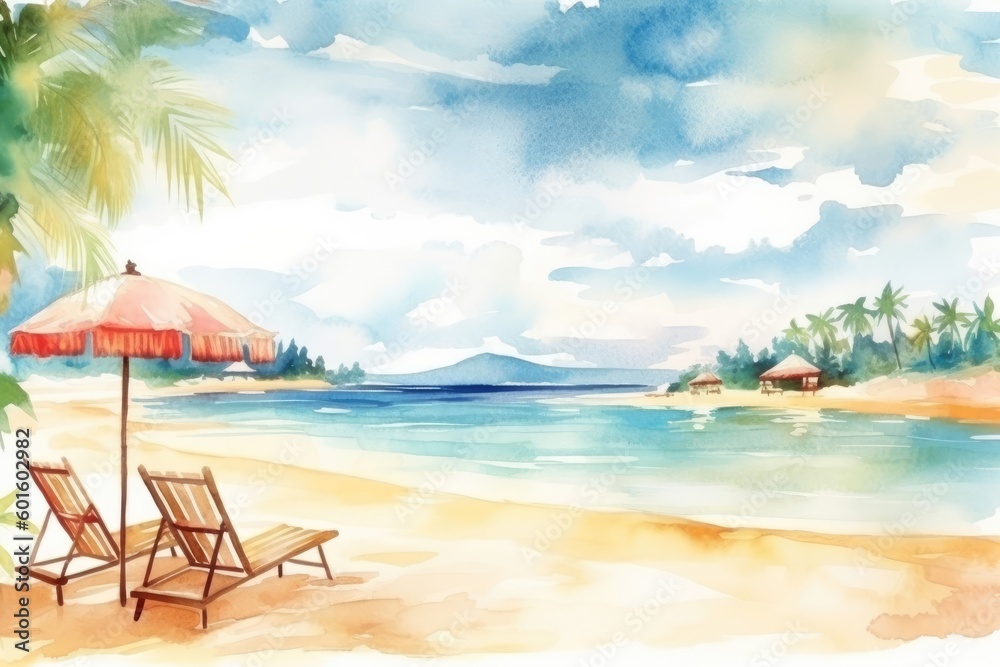 The beach banner showcases a stunning watercolor landscape of white sand, chairs, and an umbrella. (Generative AI)