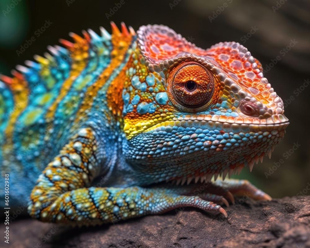 Obraz premium A colorful chameleon lizard in closeup. (Generative AI)