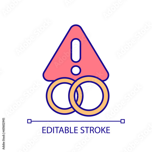 Marital problems RGB color icon. Interpersonal relationship. Getting married. Prenuptial agreement. Couple breakup. Isolated vector illustration. Simple filled line drawing. Editable stroke