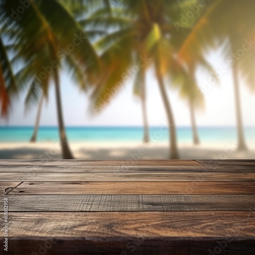A product display with an empty wooden table on a blurred tropical beach background for summer holiday. (Generative AI)