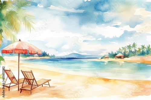 The beach banner showcases a stunning watercolor landscape of white sand, chairs, and an umbrella. (Generative AI) © HandmadePictures
