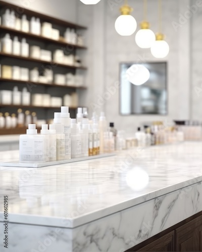 The drugstore shelves are blurred in the background of an empty white marble counter top.  Generative AI 