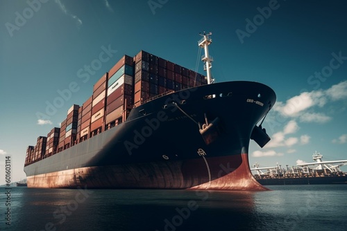A massive freighter carrying containers against the backdrop of a clear blue sky. Generative AI