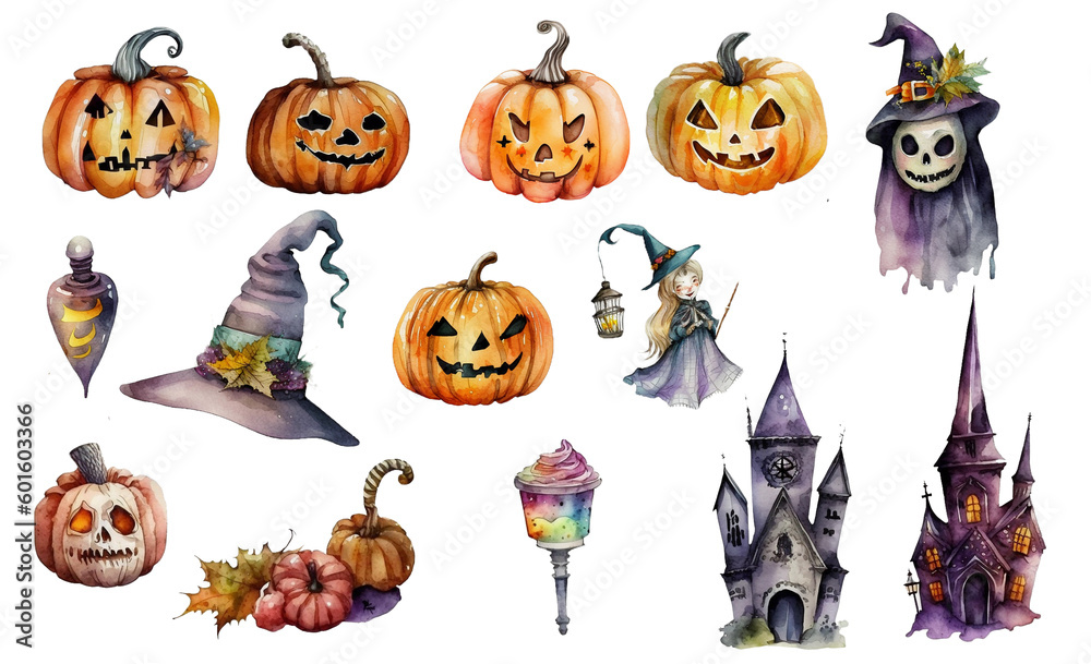 Halloween pumpkin set, Halloween Watercolor Clipart, pumpkins, castle, transparent background - Generative Ai