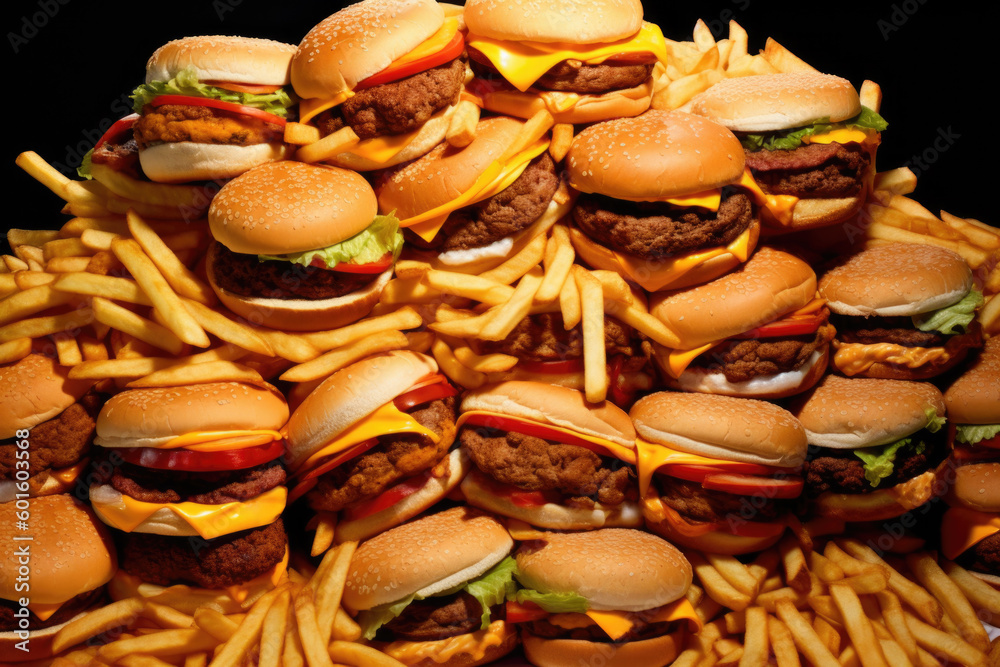 Pile of junk food burgers and fries, beef and chicken patties, Generative AI Pile of junk food burgers and fries, beef and chicken patties, Generative AI
