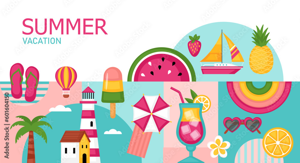 Summer vacation, beach party or pool party geometrical banner design. Template background for brochure, poster or flyer. - obrazy, fototapety, plakaty 