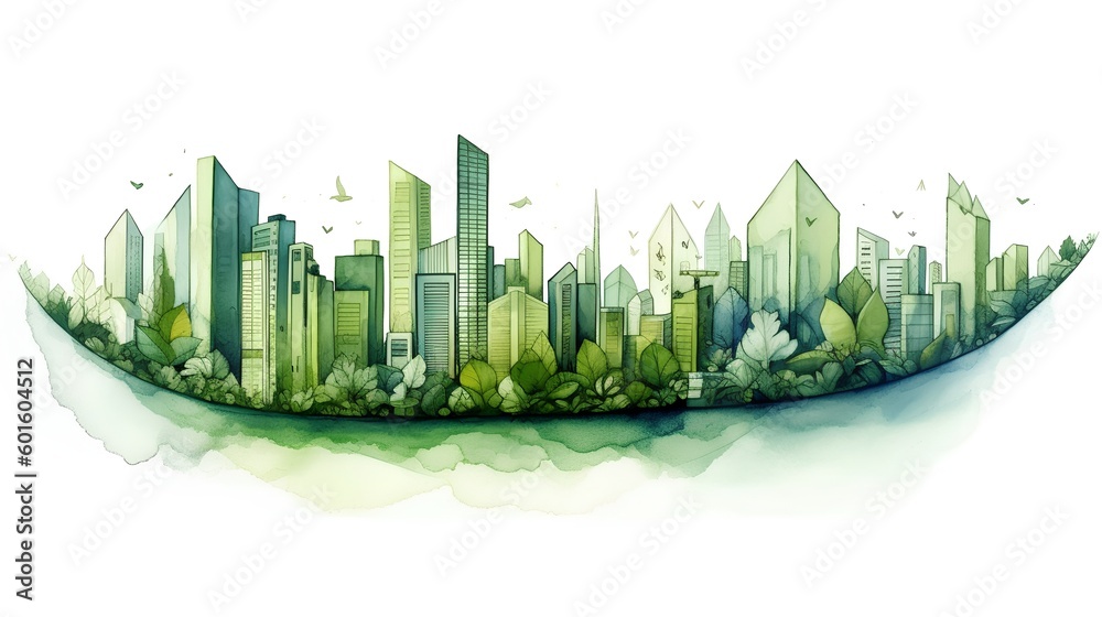 Green city illustration showcasing a harmonious blend of urban architecture and lush greenery. This image represents a sustainable future where cities and nature coexist in balance. Generative AI