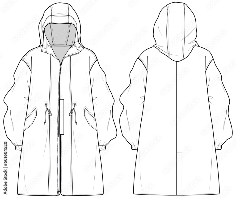womens knee length hooded trail jacket flat sketch vector illustration