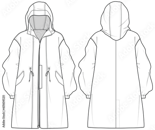 womens knee length hooded trail jacket flat sketch vector illustration front and back view waterproof rain coat technical cad drawing template