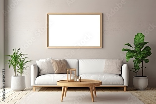 Blank wooden picture frame mockup on wall in modern interior design. Horizontal artwork template mock up for artwork  painting  posteror photo in interior design  ai generative