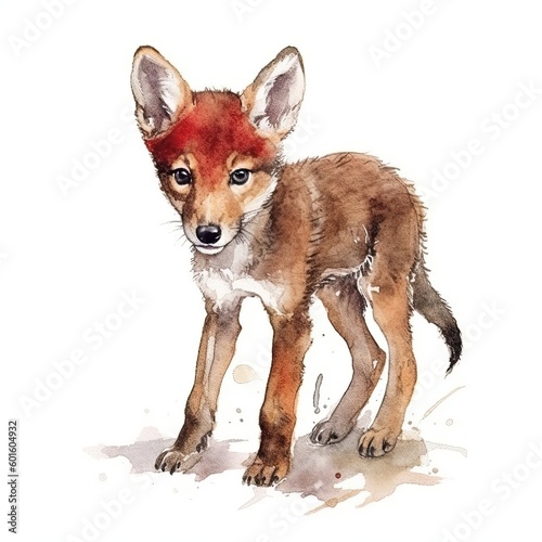 Baby Red Wolf watercolor with ink outline on white background, high detailed (generative AI) © HandmadePictures