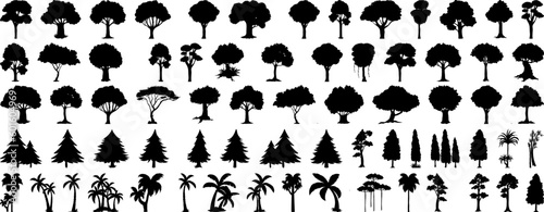 silhouette tree line drawing set, Side view, set of graphics trees elements outline symbol for architecture and landscape design drawing. Vector illustration