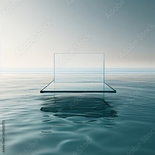 A beautiful shot of sea and a clear sky, 3d render glass metallic podium on sea © Pramod