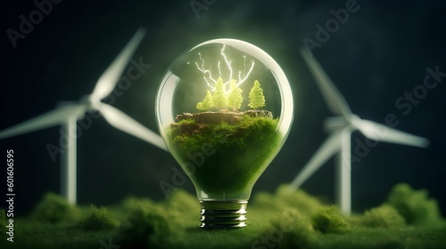 Illustrative green energy concept featuring glowing light bulb filled with verdant vegetation, wind turbines in the background. Technological innovation and sustainable energy solutions. Generative AI