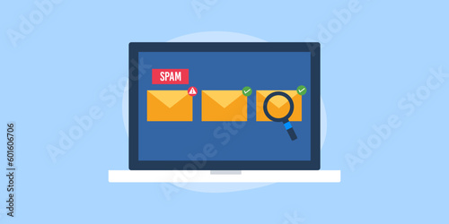 Cyber security software scrutinising inbox email for virus, malware phishing attack and spam detection laptop pc screen, vector illustration web banner.