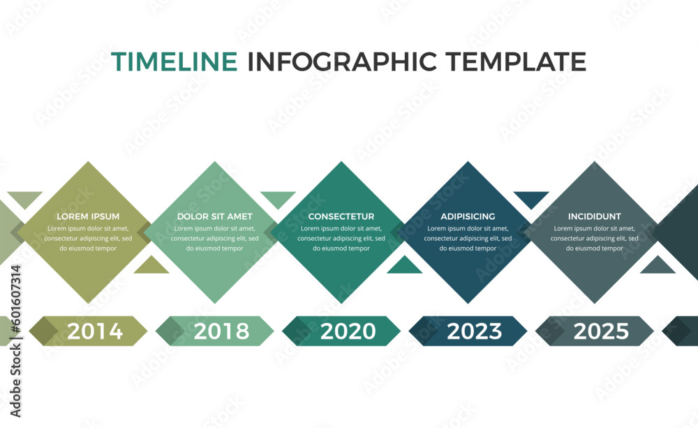 Horizontal timeline infographics template with five arrow with place for dates and text