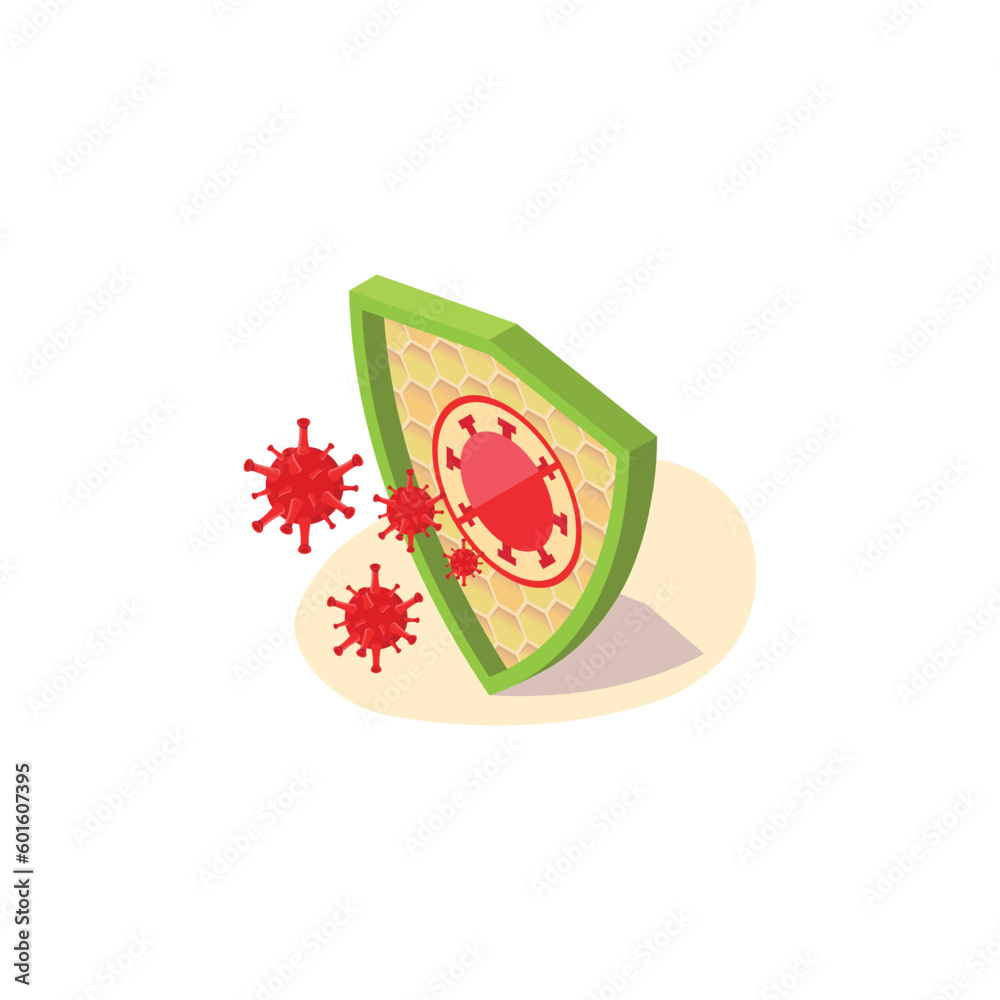 virus protection, the virus hits shield isometric illustration on white background virus protection, the virus hits shield isometric illustration on white background