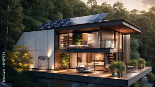 Sustainable home with solar panels on room. Generative AI