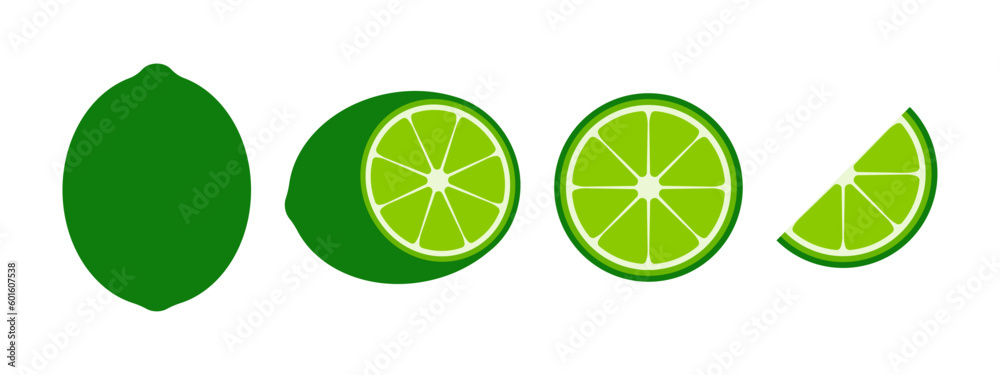 A set of limes, whole, half, and slices, fresh. Icon of a citrus fruit. Vector illustration