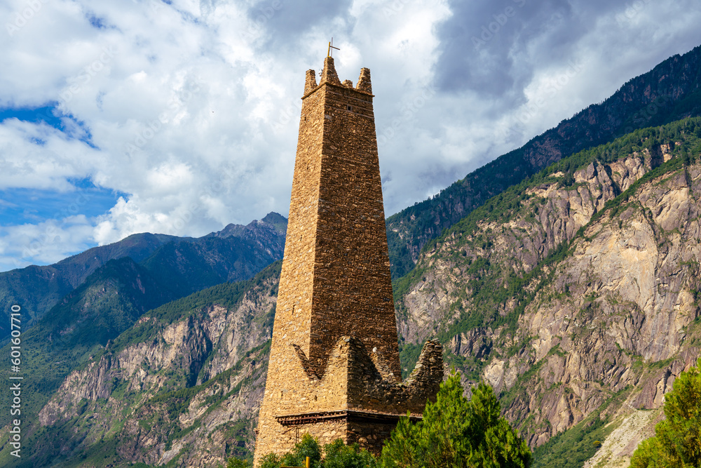 Jiaju Tibetan Village, Beauty Valley and watchtower in close up. Traditional residence in Jiaju Village, Danba County, Ganzi Prefecture, Sichuan Province, horizontal image with copy space