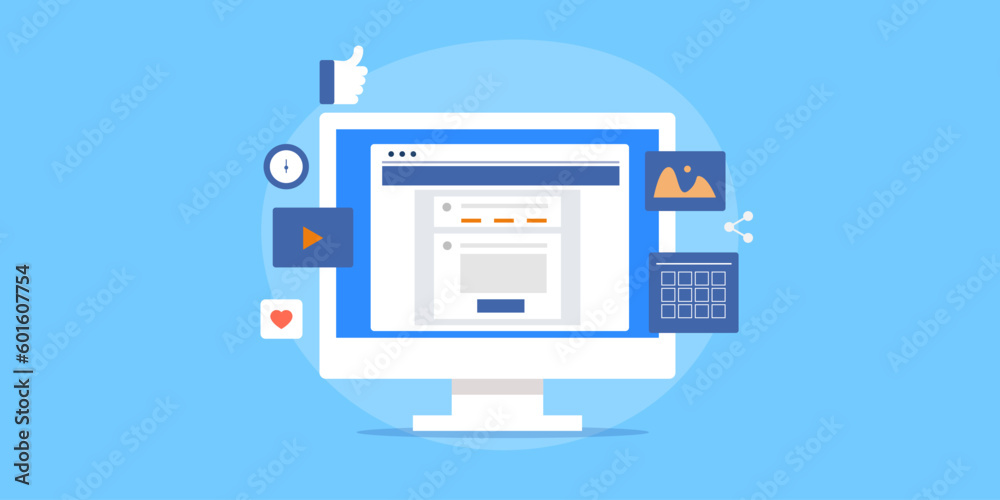 Social media site interface posting content on internet from desktop computer, objective engaging audience with content calendar, post management software vector illustration. Social media site interface posting content on internet from desktop computer, objective engaging audience with content calendar, post management software vector illustration.