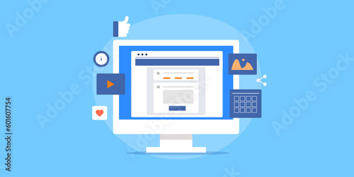 Social media site interface posting content on internet from desktop computer, objective engaging audience with content calendar, post management software vector illustration.