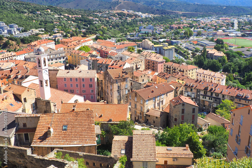 Aerial view of the old town of Corte, former capital of Corsica (nicknamed the Island of Beauty) dominated by its citadel and its baroque style church dedicated to the Annunciation