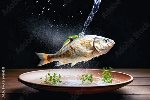 Antigravity dorado fish, fly over plate with garnish. trending food photography. Good Good photo