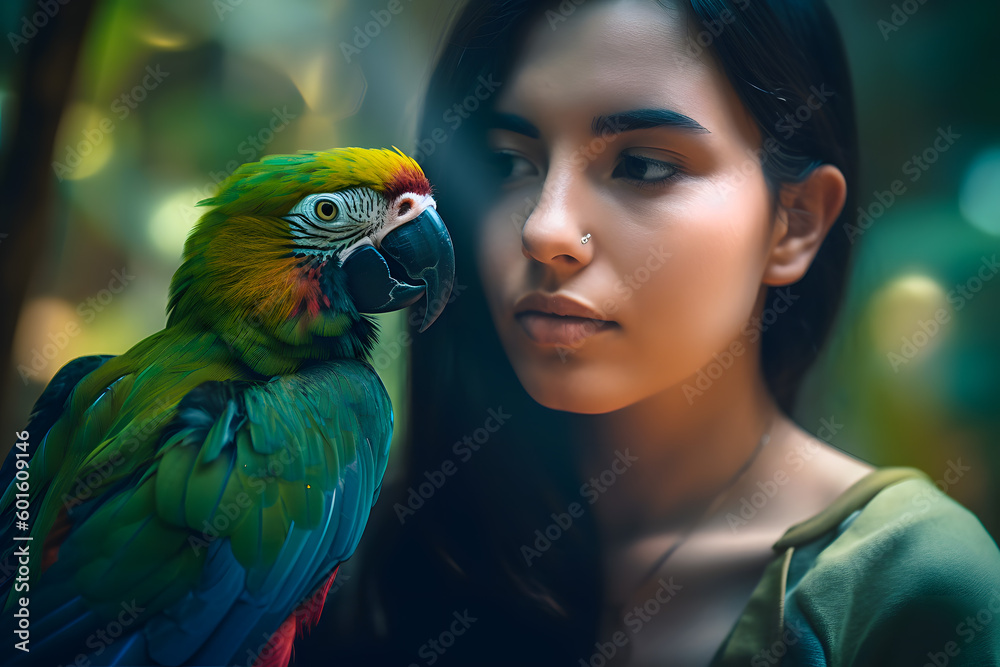 Young pretty girl and macaw parrot in tropical forest, portrait