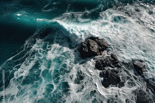 Aerial view of waves crashing against the rocks in the ocean.