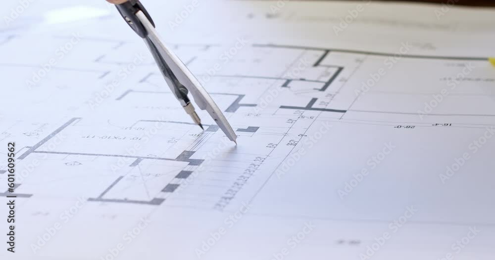 Skilled person attentively draws circle on paper building project using dividers with lead kernel. Yellow notebook and calculator lie on draft Skilled person attentively draws circle on paper building project using dividers with lead kernel. Yellow notebook and calculator lie on draft