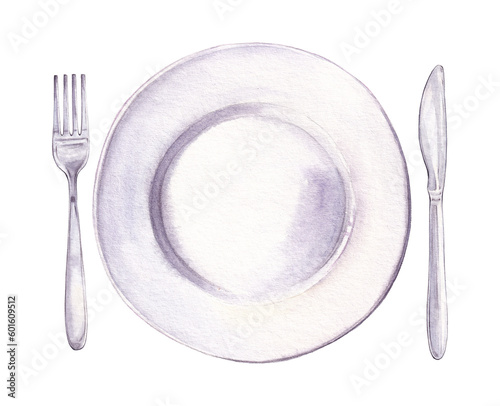 Watercolor illustration of empty plate, knife and fork