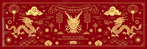 Leinwand Poster Happy chinese new year 2024 the dragon zodiac sign with clouds, lantern, asian elements gold paper cut style on color background