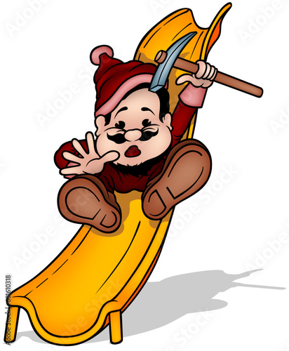 Dwarf in Red Clothes with a Pickax in his Hand on an Orange Slide