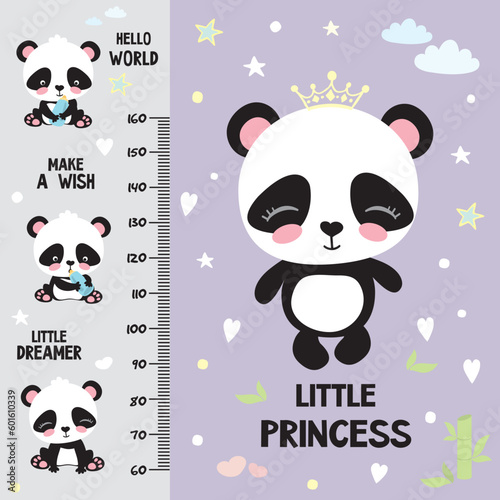 Kids height chart, template design. Adorable little panda. Cute and funny doodle animals. Measurement scale, ruler. Growth chart in scandinavian style. Poster, childish print.