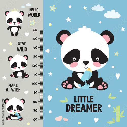 Kids height chart, template design. Adorable little panda. Cute and funny doodle animals. Measurement scale, ruler. Growth chart in scandinavian style. Poster, childish print
