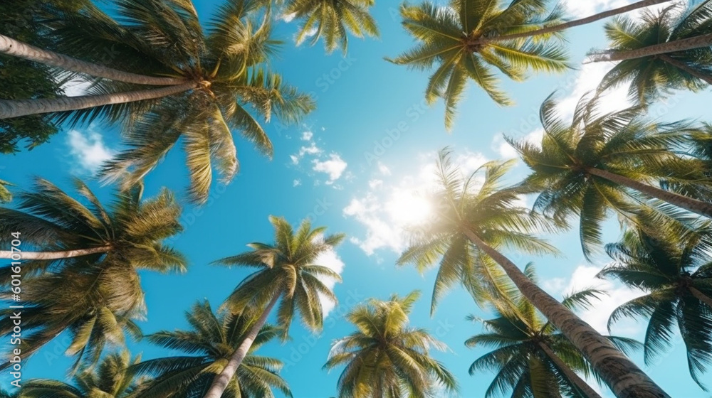 Fototapeta premium Coconut palm trees perspective view for background. Grnerative Ai.