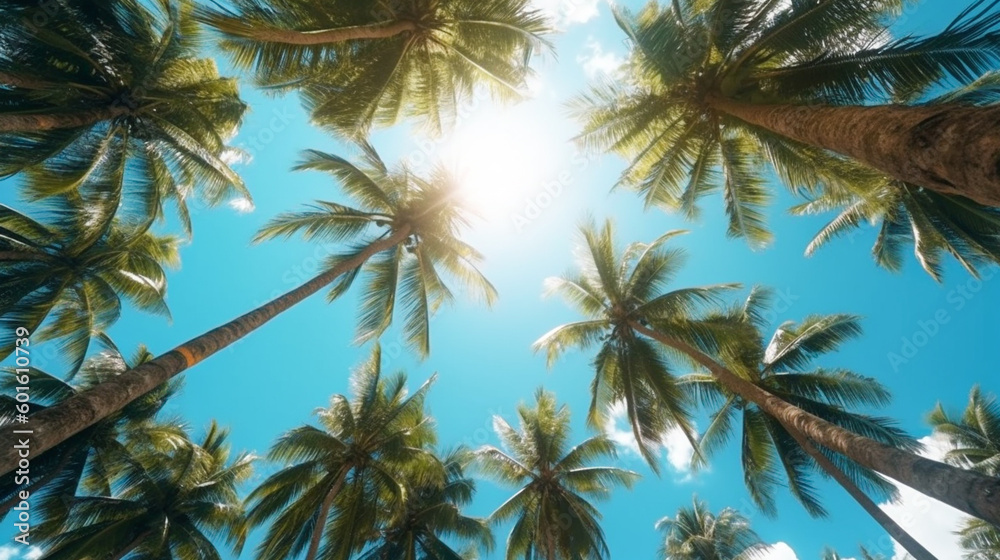 Coconut palm trees perspective view for background. Grnerative Ai. Coconut palm trees perspective view for background. Grnerative Ai.