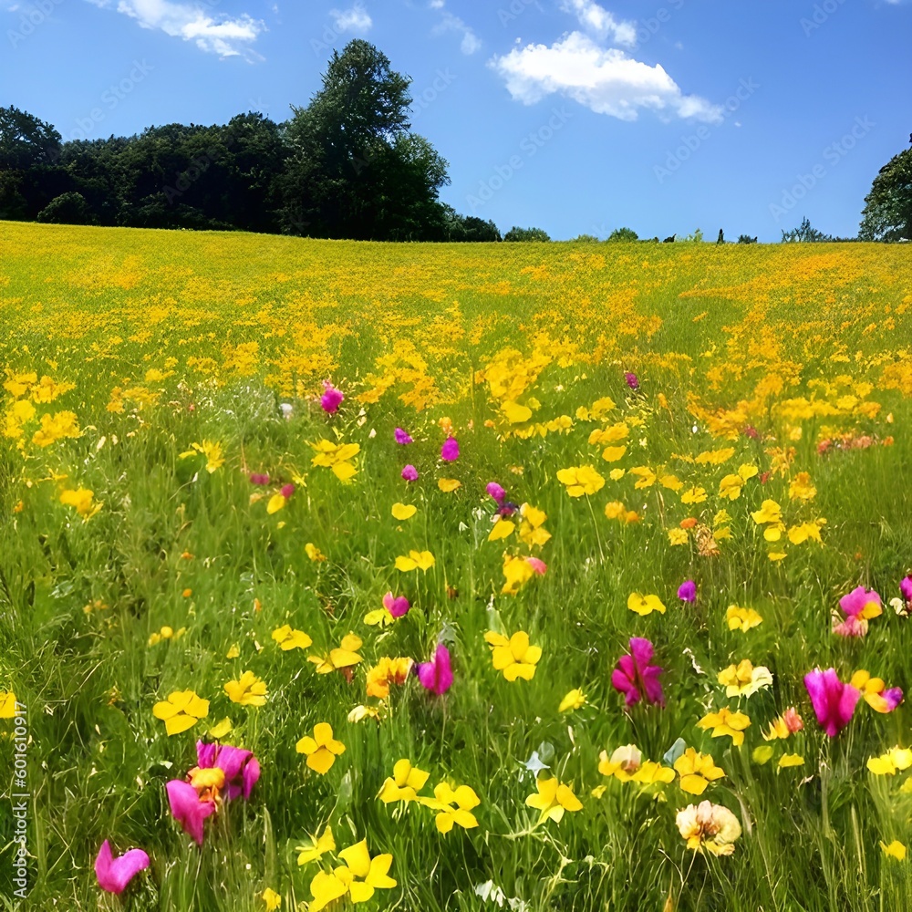 Field of yellow and red flowers in summer. Generative AI