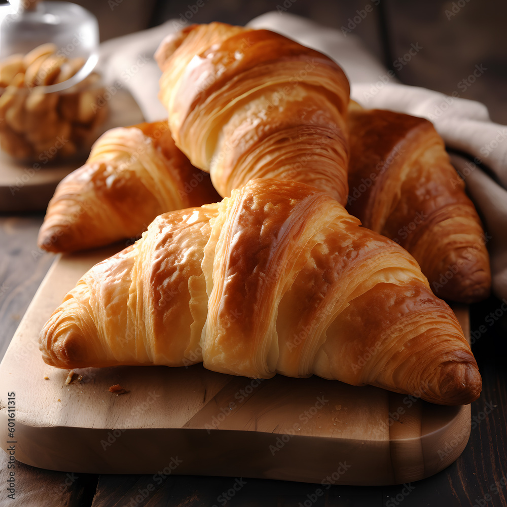 Four Assorted Croissants on Wooden Board, Warm Tonal Range, Asymmetry, Pretty Generative AI Four Assorted Croissants on Wooden Board, Warm Tonal Range, Asymmetry, Pretty Generative AI