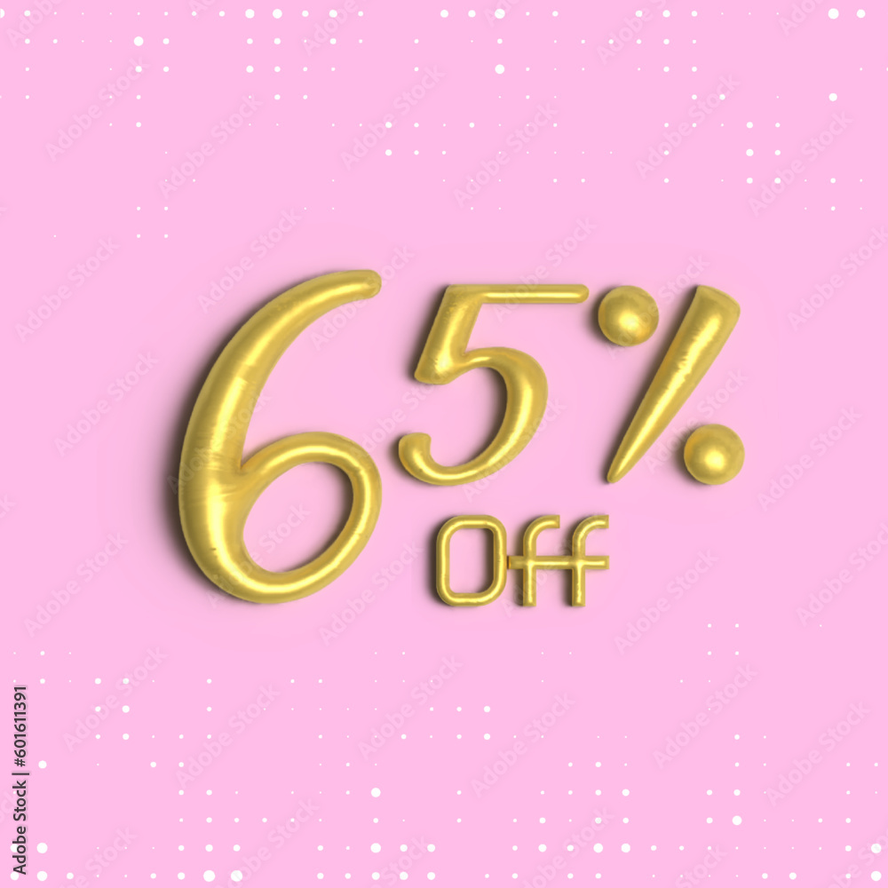 65% off, 3D shiny gold text 65 percent off isolated on pink background, 3D mega sale 65% offer, Sale offer price sign, Special offer symbol. Discount promotion. Discount, Editable vector illustration
