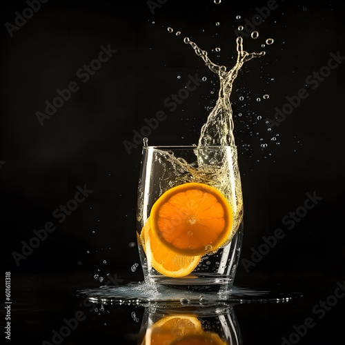 Vivid Image of Orange Pieces Splashing in a Glass with Liquid