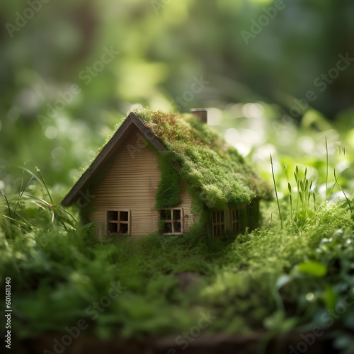 Enchanting Tiny House in the Forest Surrounded by Lush Green Moss Generative AI