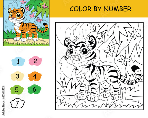 Kids coloring by number cute tiger vector illustration