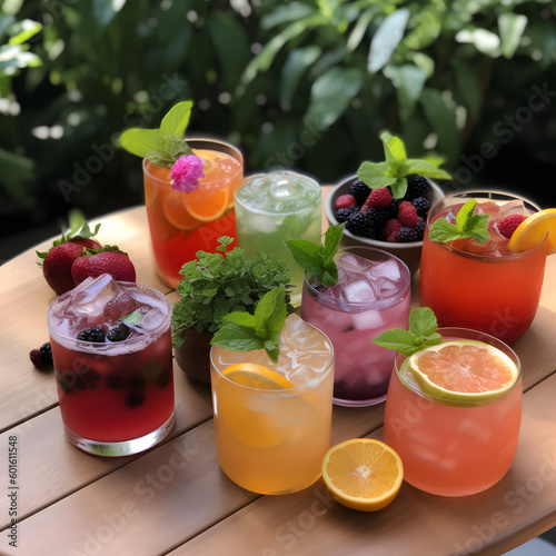 Colorful Drinks on Wooden Table. Generative AI photo