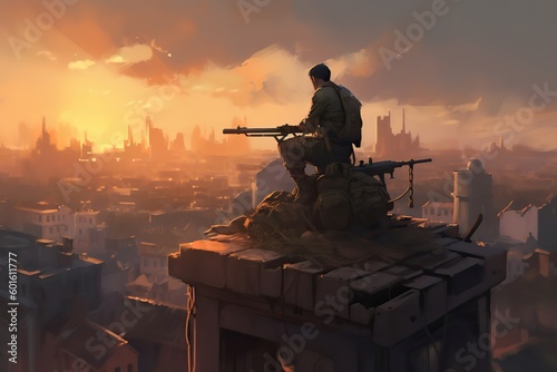 Illustration of A standby soldier on a rooftop, operating a heavy machine gun, Generative AI photo