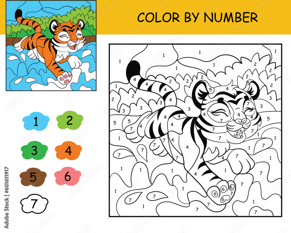 Kids coloring by number joyful tiger vector illustration